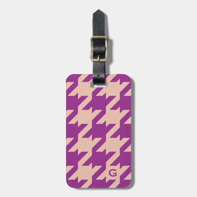 Fett modernes lila Hahnentrittmuster mit Monogramm Gepäckanhänger (Vorderseite vertikal)