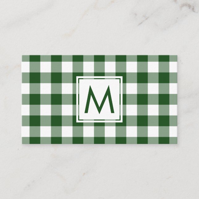 Fett Monogram Green White Buffalo Kariertes Muster Visitenkarte (Vorderseite)
