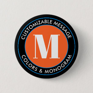 Fett Monogramm & Text   Schwarz Weiß Orange & Blau Button
