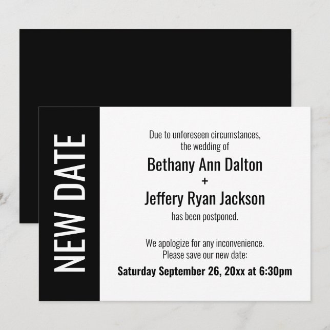 Fett neues Datum, vertagte Hochzeitsankündigung Einladung (Vorne/Hinten)