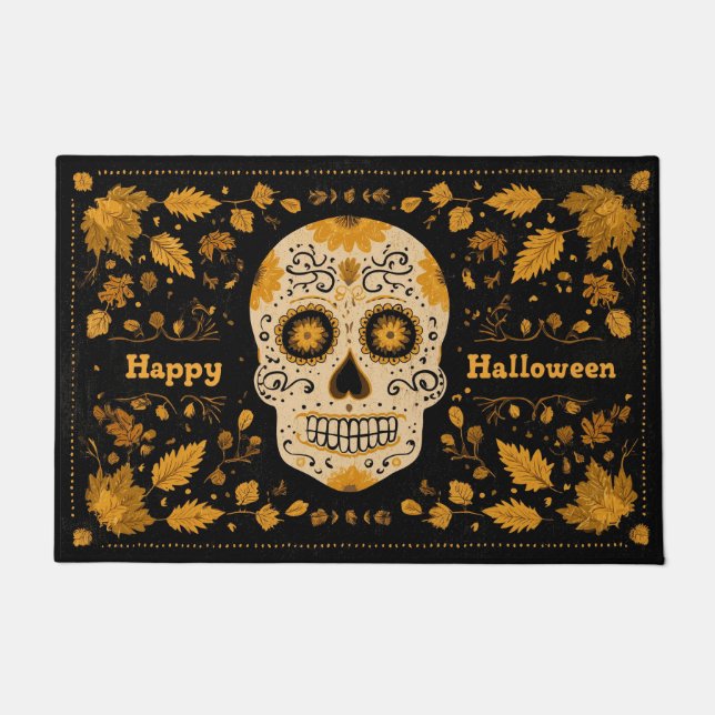 Fett Orange Frohes Halloween Skelett Fußmatte (Vorderseite)