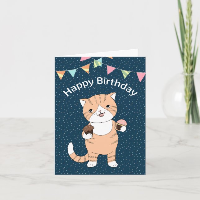 Fett Orange Tabby Ginger Katze mit Kuchen Geburtst Karte (Vorderseite)
