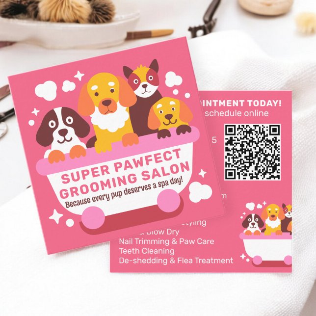 Fett Retro Niedlich rosa Hunde wachsen Salon Qr Co Quadratische Visitenkarte (Bold Retro Cute Pink Dogs Grooming Salon Qr code Square Business Card)