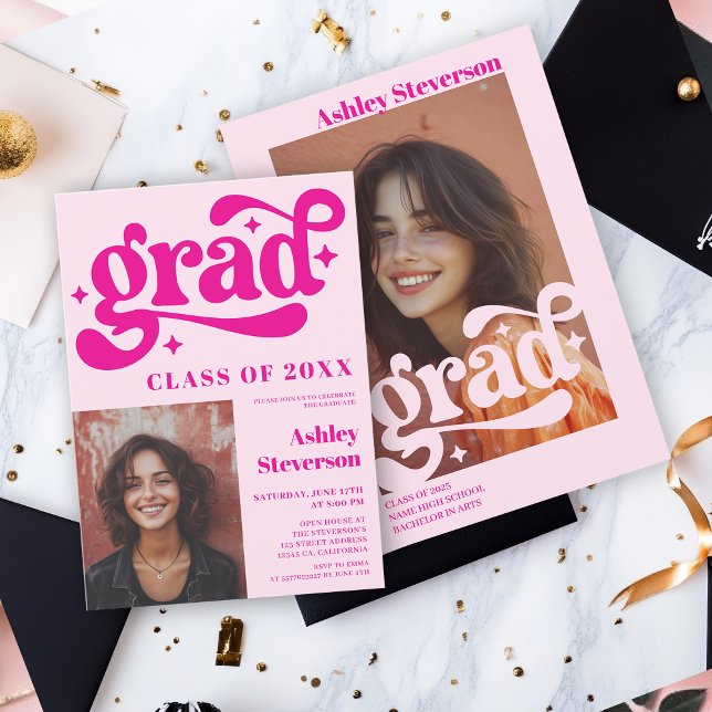 Fett Retro Pink Groovy 2 Fotos Graduation Party Einladung (Bold Retro Pink Groovy 2 photos Graduation Party Invitation)