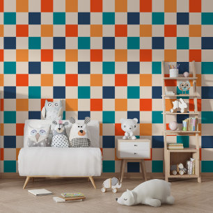 Fett Retro-Schachbrett Orange Türkis Navy Tapete