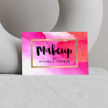 Fett rosa Aquarellfarben machen Artist Business Ca Visitenkarte<br><div class="desc">Diese elegante Designerkartenvorlage enthält einen handgemalten Pinseltext für "Makeup", gefolgt von Ihrem Namen oder Ihrem Firmennamen auf einem Waschbecken von hellrosa Aquarellen für eine schöne Markenidentität auf dieser Visitenkarte für Makeup-Künstler. Die metallische Goldfoliengrenze der Imitate verleiht diesem auffälligen Design ein wenig Glanz. Diese doppelseitige Karte ermöglicht Ihnen viel Platz auf...</div>