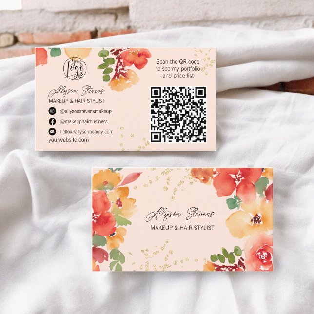 Fett rosa Blumengold Make-up Haar Logo qr Code Visitenkarte (Bold fall floral gold makeup hair logo qr code business card on pink)