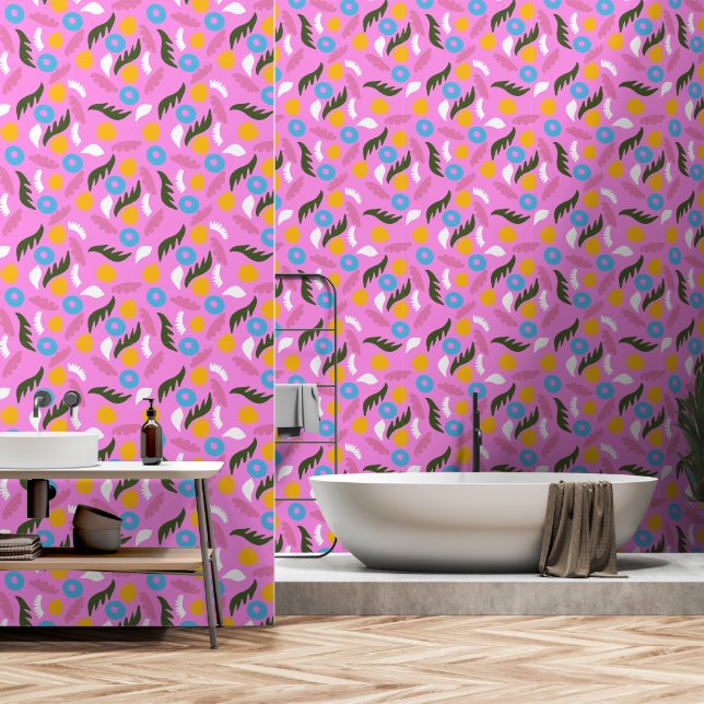 fett rosa Blumenmuster abstrakt moderne hübsche Ta Tapete (Badezimmer)