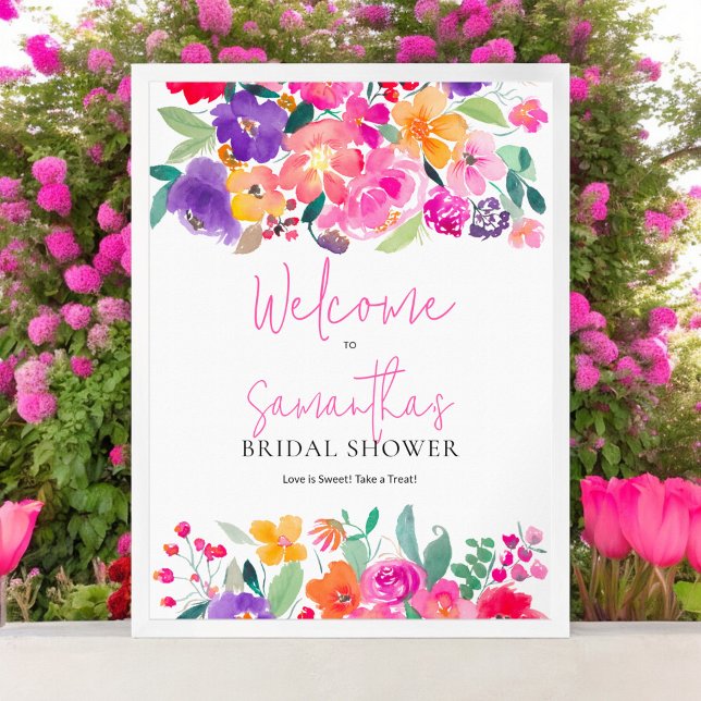 Fett rosa Brautparty mit floralen Farben willkomme Poster (Bold pink floral watercolor bridal shower welcome poster)