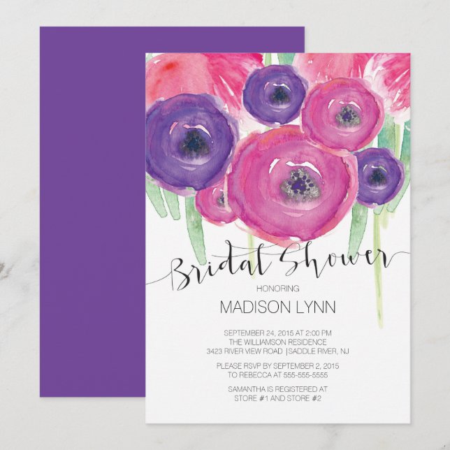 Fett rosa Lila Blume Brautparty Einladung (Vorne/Hinten)