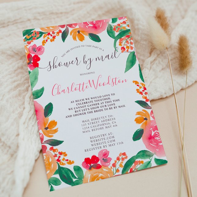Fett rosa orangefarbenes Brautparty per Post Einladung (Bold fall pink orange floral bridal shower by mail invitation)