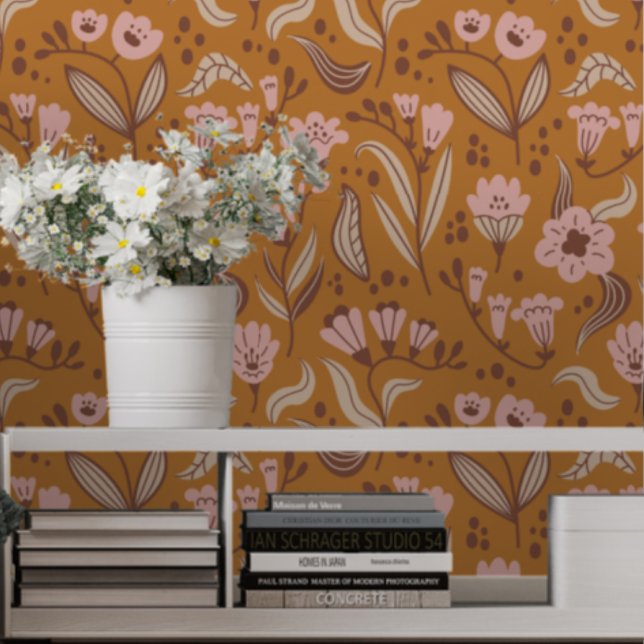 Fett rosa und Goldenrod Retro Floral Tapete (Von Creator hochgeladen)
