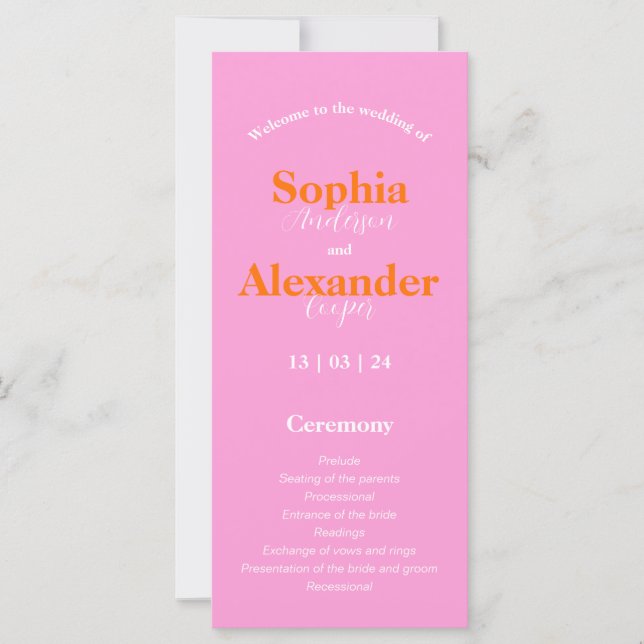 Fett rosa und orangefarbenes Hochzeitsprogramm (Vorderseite)