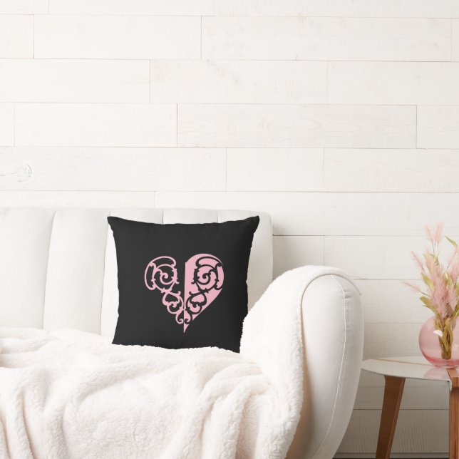 Fett rosa und schwarzes Filigree Herz Kissen (Liege)