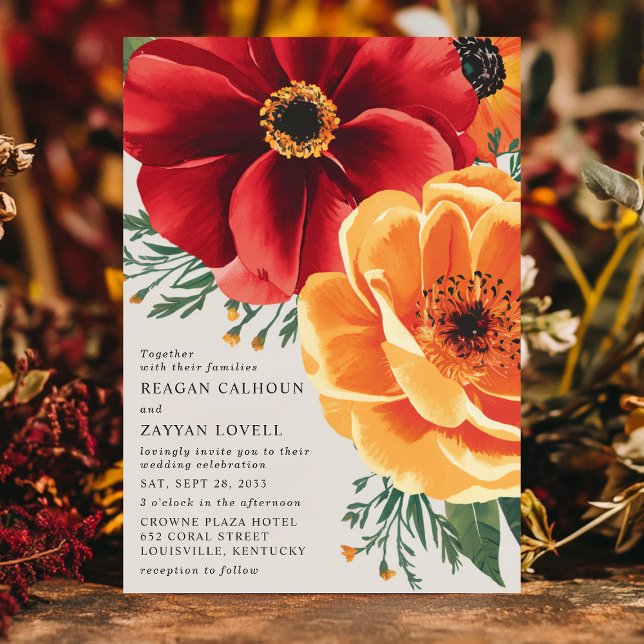 Fett rot und gelb floral Elegante Hochzeit Einladung (Von Creator hochgeladen)
