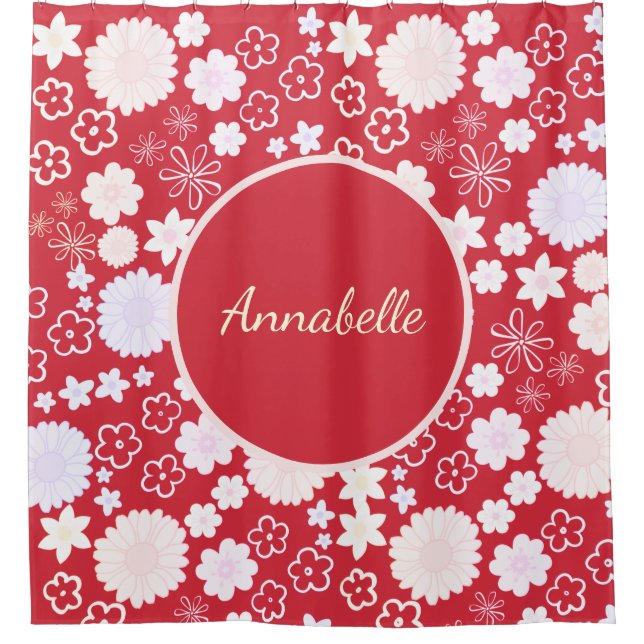 Fett rote Cream-Blume Blumenmuster mit Namen Duschvorhang (Vorderseite)