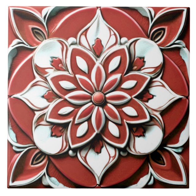 Fett rote und weiße Imitate Hilfe Blume Fliese (Vorderseite)