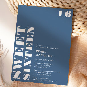 Fett schlicht weiß blau süß 16 Geburtstag Einladung