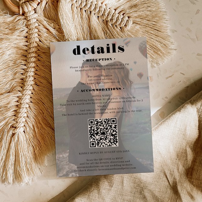Fett Schriftart Hochzeitsdetails Qr Code 2 Fotos w Begleitkarte (Bold font wedding details Qr code 2 photos white Enclosure Card)