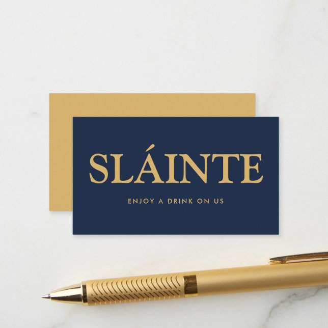 Fett Schriftart "Sláinte" Irish Gaelic Free Drinks Begleitkarte (Vorderseite/Rückseite Beispiel)