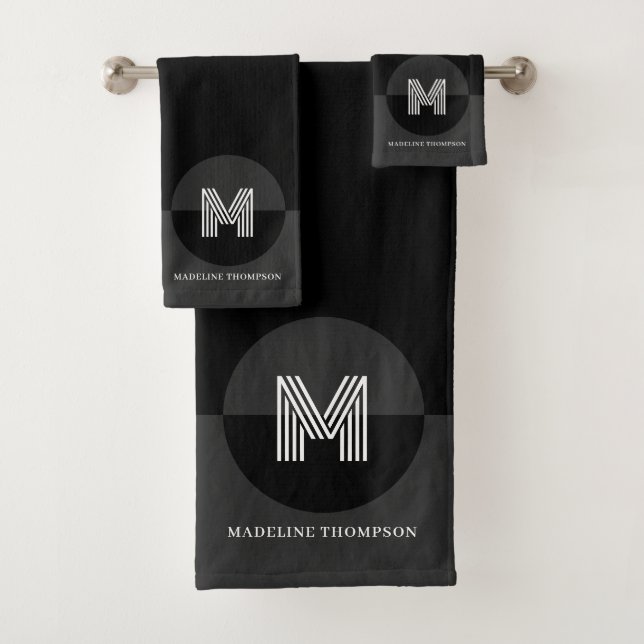 Fett Schwarz-weiß Gray Geometric Modern Monogram Badhandtuch Set (Insitu)