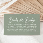 Fett-Script-Sage Green Baby Shooting Book Request Begleitkarte<br><div class="desc">Niedliche,  minimalistische Babyduschkarten mit "Bücher für Baby",  die in einem modernen,  weißen Drehbuch mit schlauem grünem Hintergrund dargestellt sind. Personalisieren Sie die einfachen Buchanfragekarten mit Ihrem eigenen Text unten. Das Design koordiniert mit unserer Baby Script Babydusche Kollektion.</div>