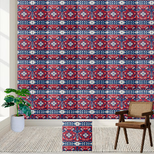 Fett skandinavisches Blumenkil in Rot, Blau und We Fliese