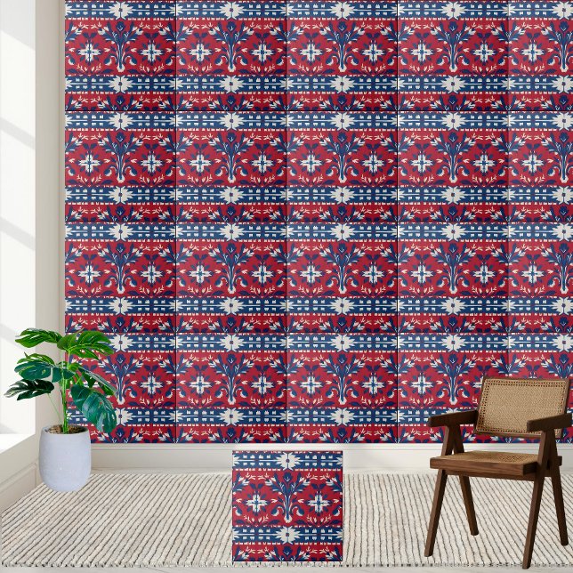 Fett skandinavisches Blumenkil in Rot, Blau und We Fliese (Bold Scandinavian Floral Tile in Red Blue & White)