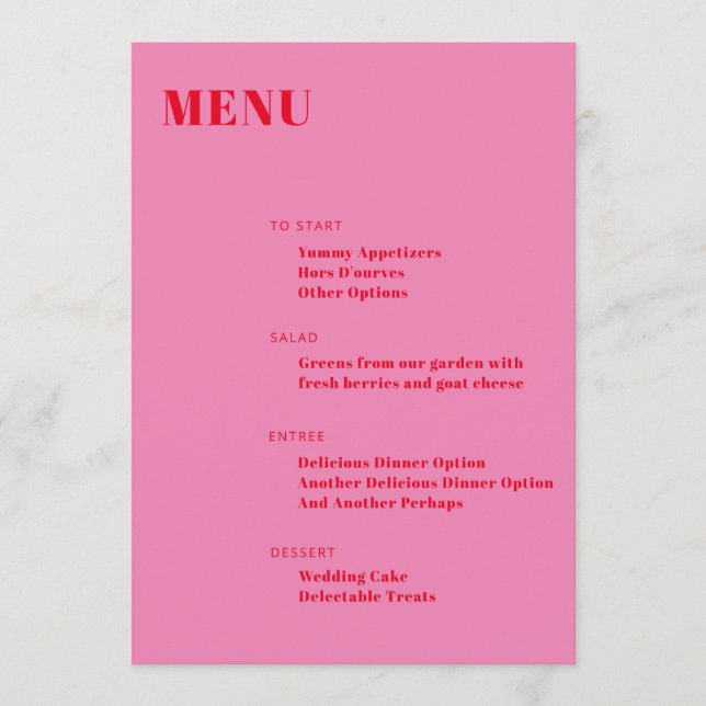 Fett Typografie Bright Pink Red Modern Minimalisti Menükarte (Vorderseite)