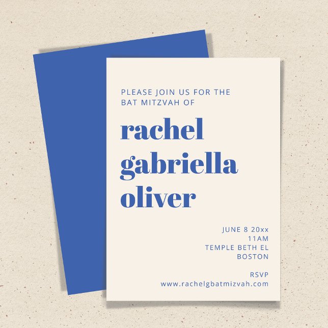 Fett Typografie Ivory Blue Modern Bat Mitzvah Einladung (Von Creator hochgeladen)