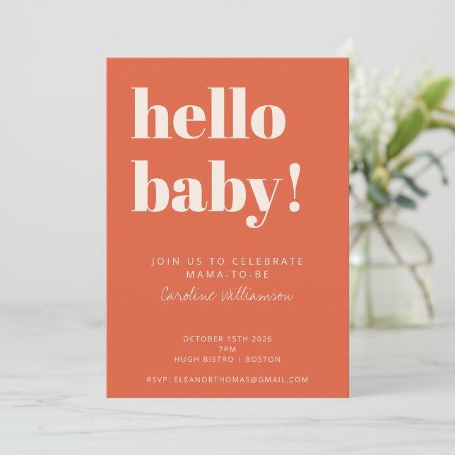 Fett Typografie Moderne Burnt Orange Babydusche Einladung (Stehend Vorderseite)