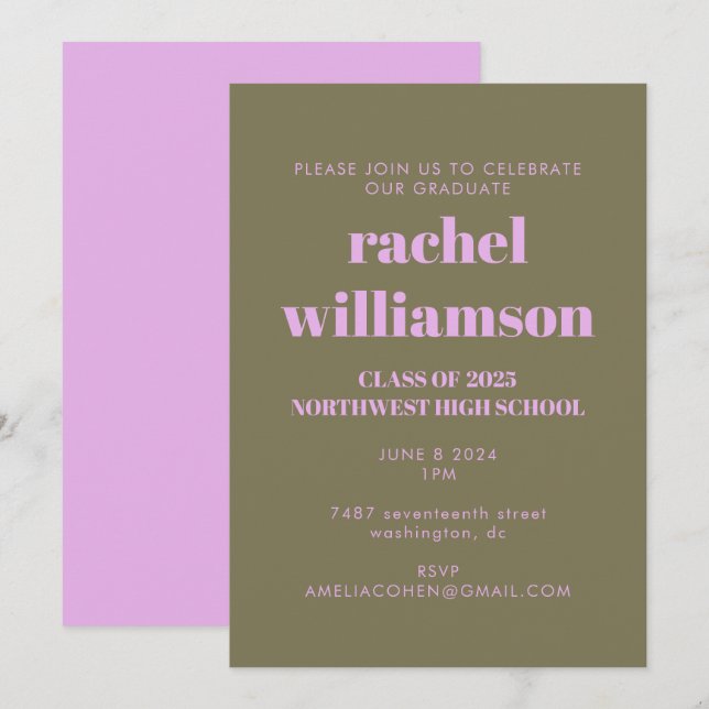 Fett Typografie Olive and Lilac Graduation Party Einladung (Vorne/Hinten)