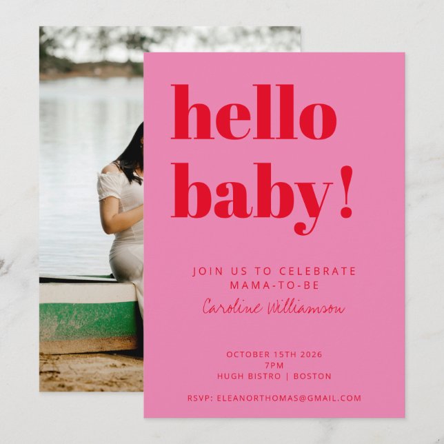Fett Typografie Pink Red Modern Baby Dusche Foto Einladung (Vorne/Hinten)