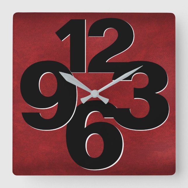 Fett-Zahlenfokus auf Rot Quadratische Wanduhr (Vorderseite)