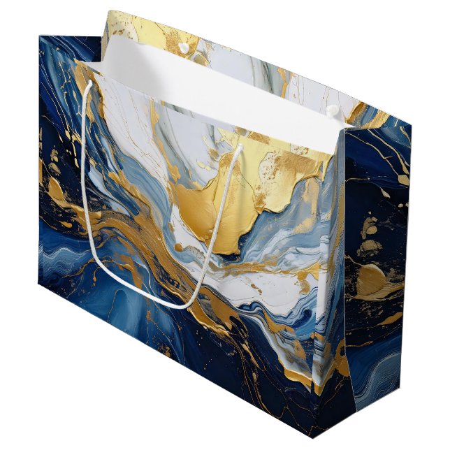 Fettabdruck von Gold und Blau Große Geschenktüte (Vorderseite Schrägansicht)