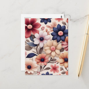 Fettblumen- und Blätter-Muster rosa Postkarte