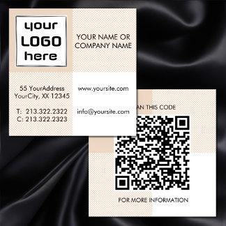 Fette beige Gingham-Quadrate Logo QR-Code Quadratische Visitenkarte