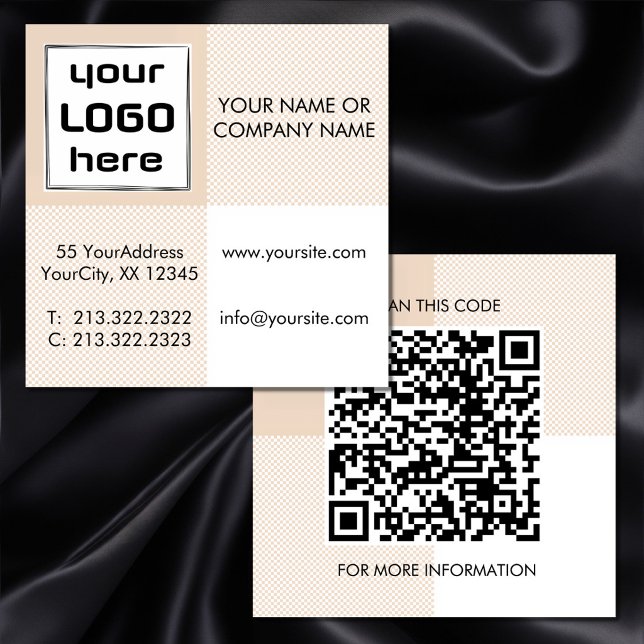 Fette beige Gingham-Quadrate Logo QR-Code Quadratische Visitenkarte (Von Creator hochgeladen)