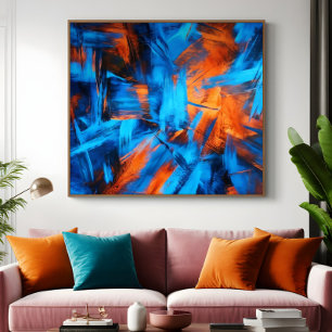 Fette Blaue Orange Abstrakte Pinselstriche Poster