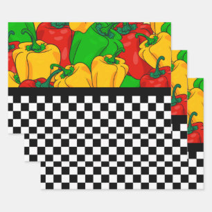 Fette dreifarbige Paprika und Schachbrett Geschenkpapier Set