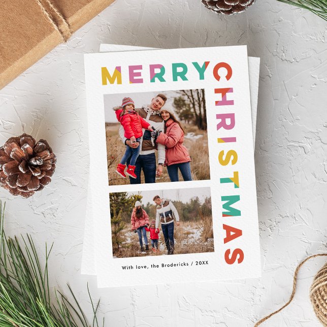 Fette farbenfrohe Frohe Weihnachten 2-Foto  (bold, modern, colorful Merry Christmas typography 2-photo card)