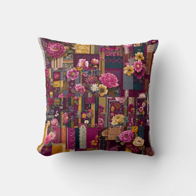 Fette Farbige Boho Blumen-Patchwork-Muster Kissen (Vorderseite)