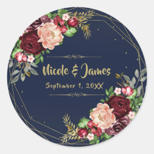Fette Herbstblumen Navy Blau Gold & Burgund Hochze Runder Aufkleber