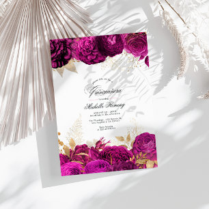 Fette Hot-Pink und Gold Blumen-Quinceañera-Foto Einladung