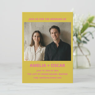 Fette moderne Chartreuse-Pink-Gelbe Hochzeitsfotog Einladung