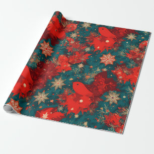 Fette Pop-Art-Weihnachtsblumen mit Vögeln Geschenkpapier