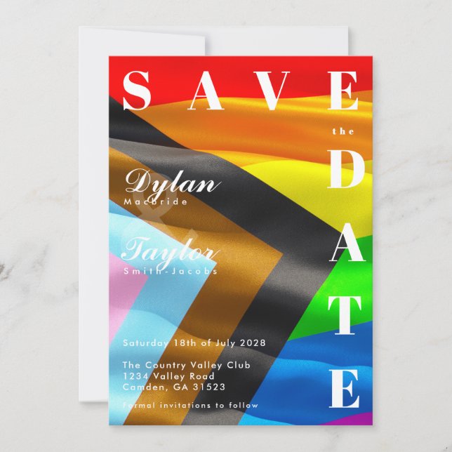 Fette Pride-Flag-Typografie LGBTQ Save-the-Date-Ka (Vorderseite)