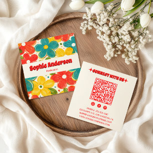 Fette Retro-Blumen-QR-Code mit roter Typografie Quadratische Visitenkarte