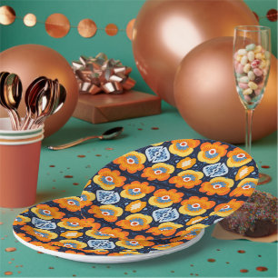 Fette Retro-Blumenillustration in Orange und Blau Pappteller