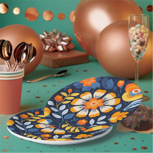 Fette Retro-Blumenillustration in Orange und Blau Pappteller